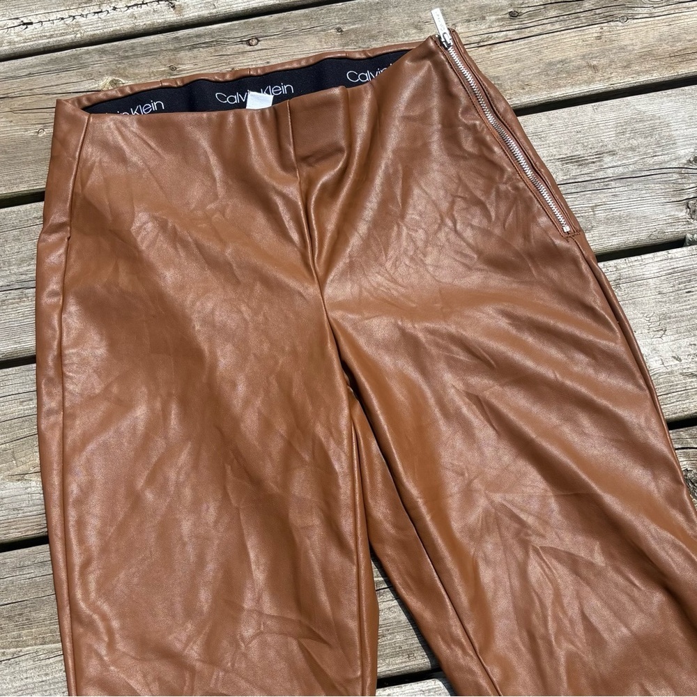 Calvin Klein Brown Faux Leather Low Rise Women's Trousers Small - Picture 2 of 6